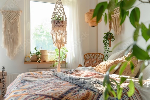 bohemianstyle bedroom with macrame plant holder suspended from ceiling patterned duvet on bed warm earthy color palette natural textures and eclectic decor create a cozy atmosphere photo