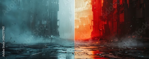 A split-screen effect with two contrasting colors, each side reflecting a different aspect of a futuristic environment with cyberpunk aesthetics