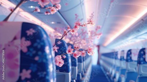 Airplane Economy Class Cabin with Spring Cherry Blossom Decorations for a Serene Flight Experience photo