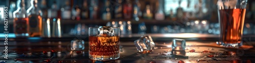 Whiskey Tasting Party, Cheers with Whiskey Glasses in a Themed Bar, Generated by AI.