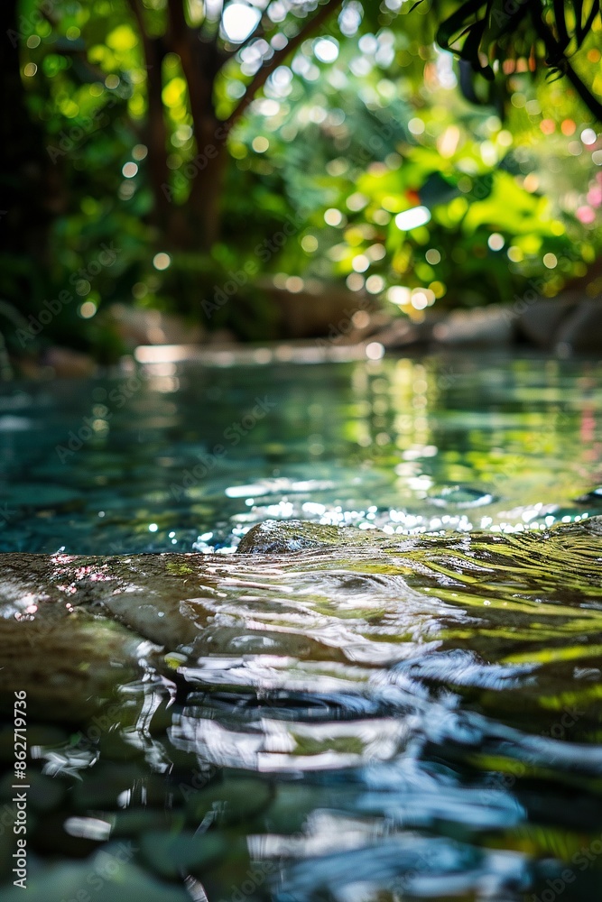 Tranquil pool in a garden setting with lush greenery and sunlight reflections. Tranquil pool in a garden setting with lush greenery and sunlight reflections.