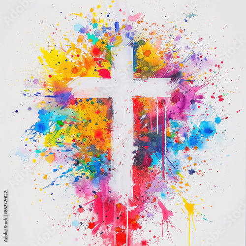 white cross in the center, surrounded by vibrant splashes of colors like red, yellow, blue, green, and purple on a white background, creating a dynamic and expressive artistic effect