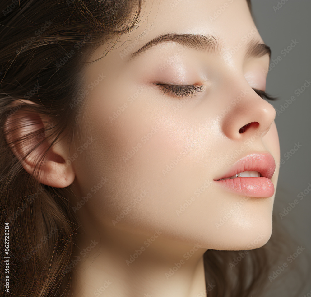 Fototapeta premium frau, schönheit, haar, gesicht, gestalten, leitbild, leute, person, haut, make-up, lächeln, lang, glamour, brünett, pflege, 1, sinnlichkeit, atelier, kopf, auflösungszeichen, close up, gesundheit, her