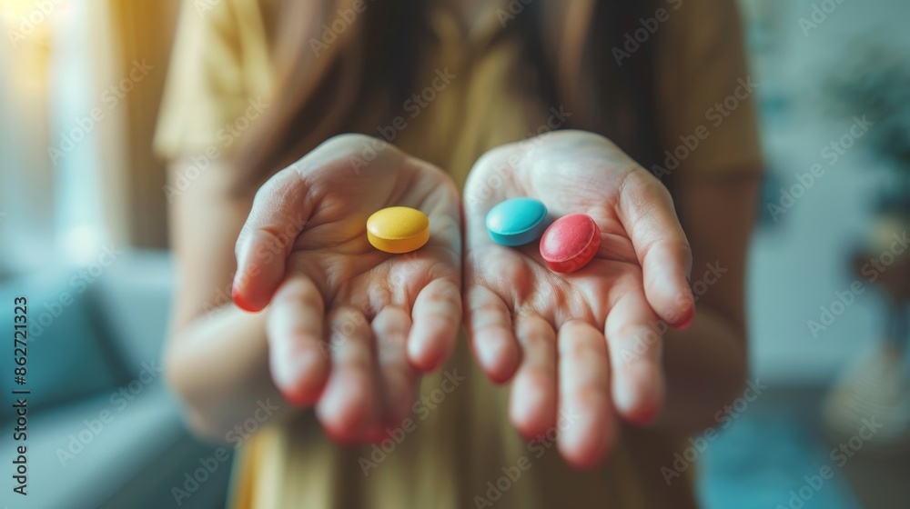A woman is holding two pills in her hands, one blue and one red A woman is holding two pills in her hands, one blue and one red
