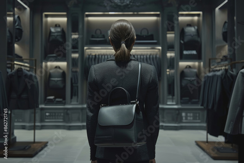 Elegant shopper contemplating luxury suits in upscale boutique