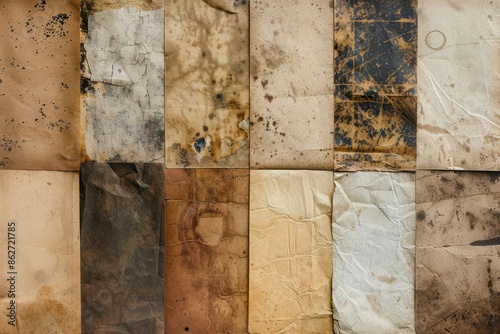 collection of aged paper textures rough faded surfaces vintage aesthetics sepia tones diverse patterns for graphic design use