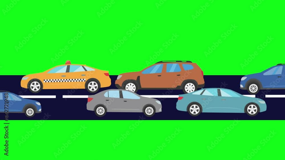 Cartoon animation of cars running on the way, green screen Cartoon animation of cars running on the way, green screen