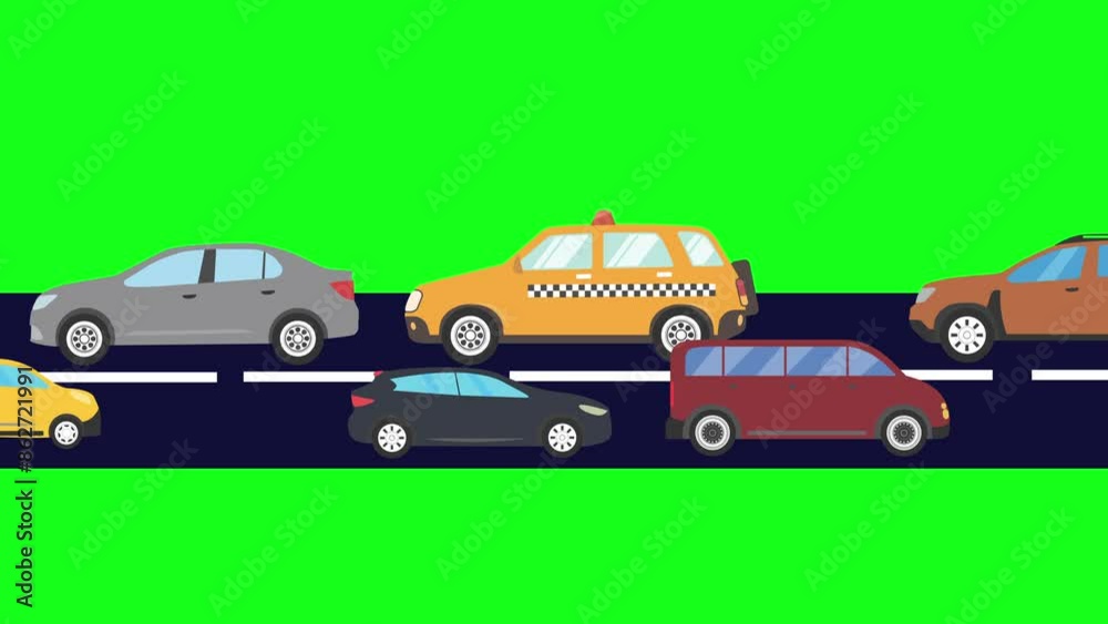 Cartoon animation of cars running on the way, green screen Cartoon animation of cars running on the way, green screen