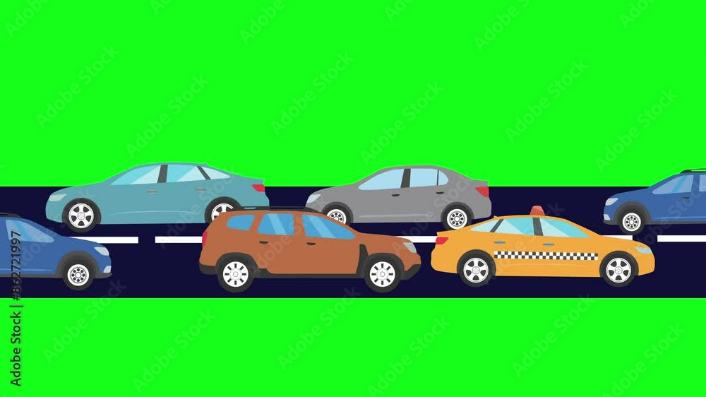 Cartoon animation of cars running on the way, green screen Cartoon animation of cars running on the way, green screen
