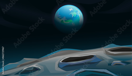 Moon surface landscape with craters and Earth background, illustration.k