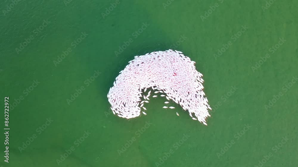 Aerial view of flamingos flock in serene blue water, Vilanculos, Inhambane, Mozambique.