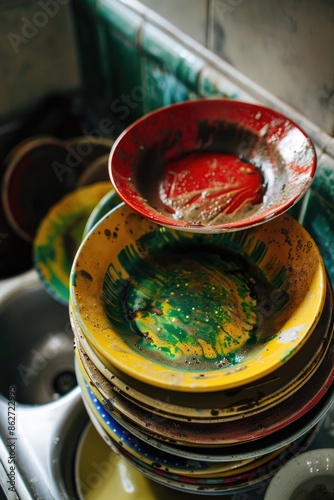 A pile of dirty dishes, including bowls and plates, are stacked in a sink. The dishes are covered in paint and appear to be from a children's art project. Scene is playful and messy photo