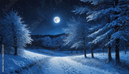 Snowy Night Path with Moon © NgoHong