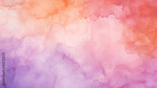 Abstract Sunset Sky with Puffy Clouds. Colorful Watercolor Background in Bright Rainbow Hues of Blue, Yellow, Red, Orange, and Purple