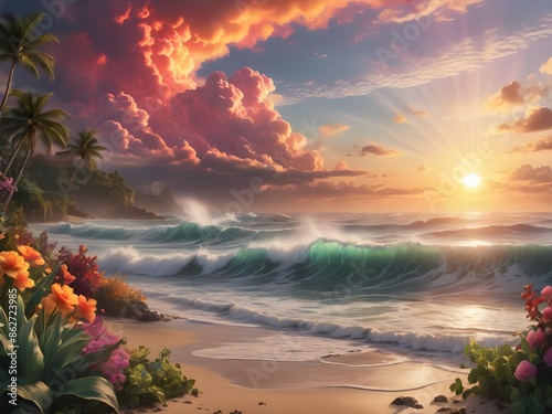 Generative AI. Sun is rising, colorful clouds in the sky, waves of the ocean, beautiful garden of eden nearby.