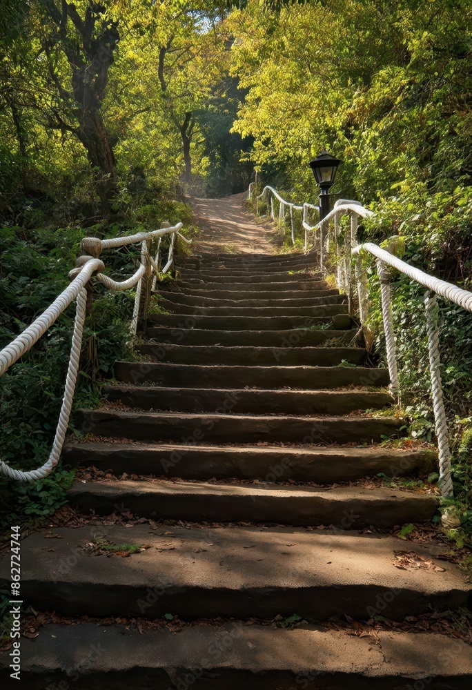Staircase with Rope Railing in a Forested Area Staircase with Rope Railing in a Forested Area