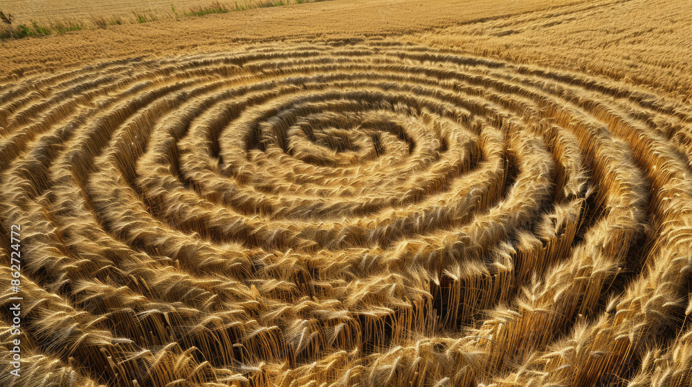 Aerial view of an intricate geometric crop circle formation in a wheat field Aerial view of an intricate geometric crop circle formation in a wheat field