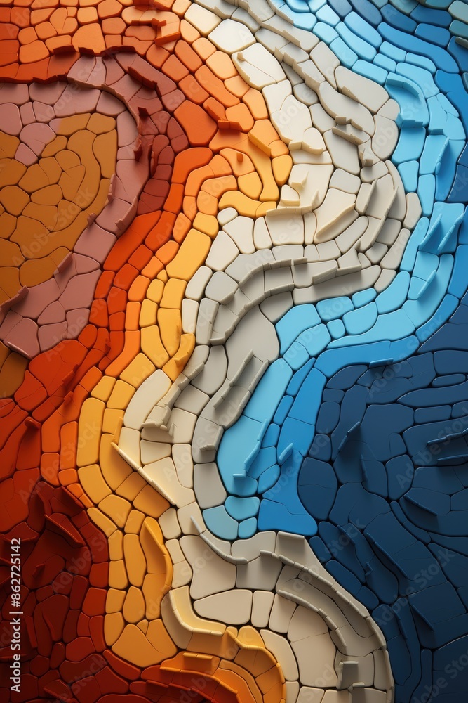 Abstract 3D Hexagon Tiles Wavy Mosaic Decoration with Geometric Patterns. Colorful Background in Orange, Blue, and Grey Gradient Layers Abstract 3D Hexagon Tiles Wavy Mosaic Decoration with Geometric Patterns. Colorful Background in Orange, Blue, and Grey Gradient Layers