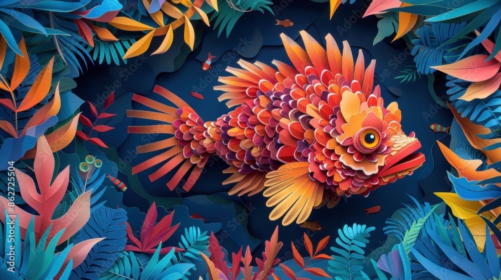 Realistic cut out of an Anglerfish, isometric style, Attractive colors, holding vibrant seaweed, surrounded by colorful marine foliage, centered in frame Realistic cut out of an Anglerfish, isometric style, Attractive colors, holding vibrant seaweed, surrounded by colorful marine foliage, centered in frame