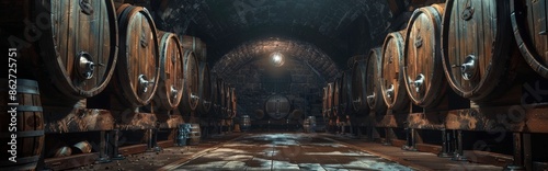 Rows of Vintage Wine Barrels in a Dark, Stone Cellar