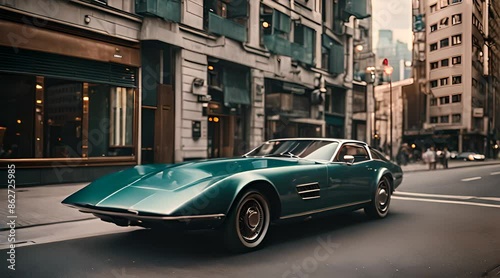 Retro car on city street