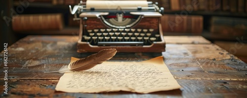 A vintage typewriter with a completed poem and a quill pen (realistic)