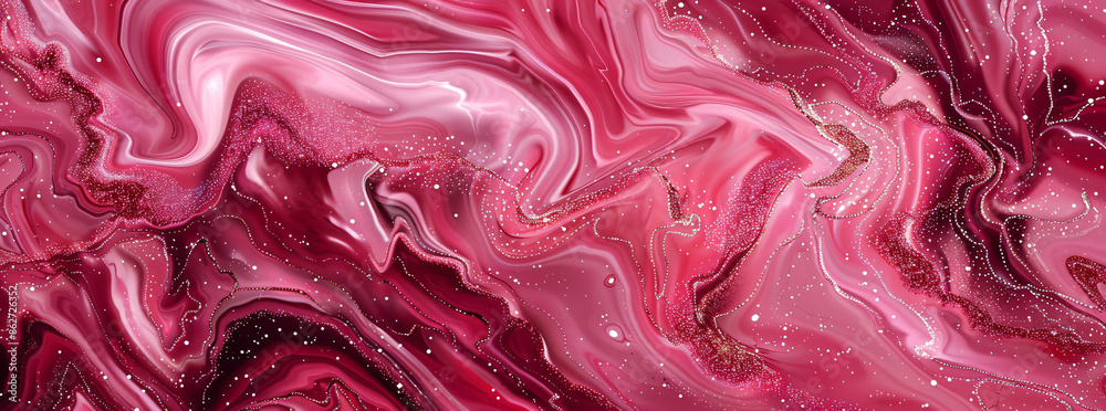 Obraz premium A beautiful abstract background of pink and red marble texture with glittery swirling patterns and splashes of color. It is a beautiful pattern of marble and glitter. 