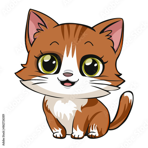 Cute kitten, ginger cute kitten, drawing, happy pet, graphic, cat. Sticker, image on children's stationery.   Isolated on white background. 