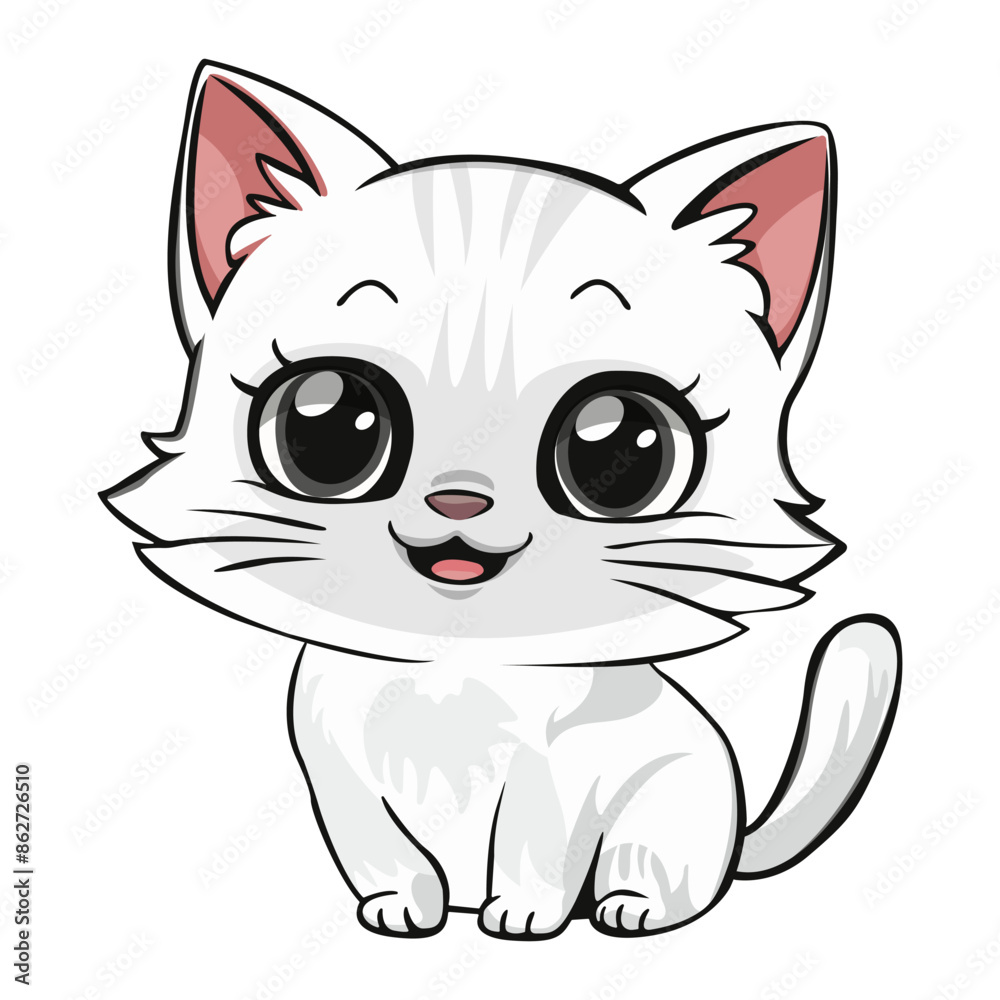 Cute kitten, white cute kitten, drawing, happy pet, graphic, cat. Sticker, image on children's stationery. Isolated on white background. Cute kitten, white cute kitten, drawing, happy pet, graphic, cat. Sticker, image on children's stationery. Isolated on white background.