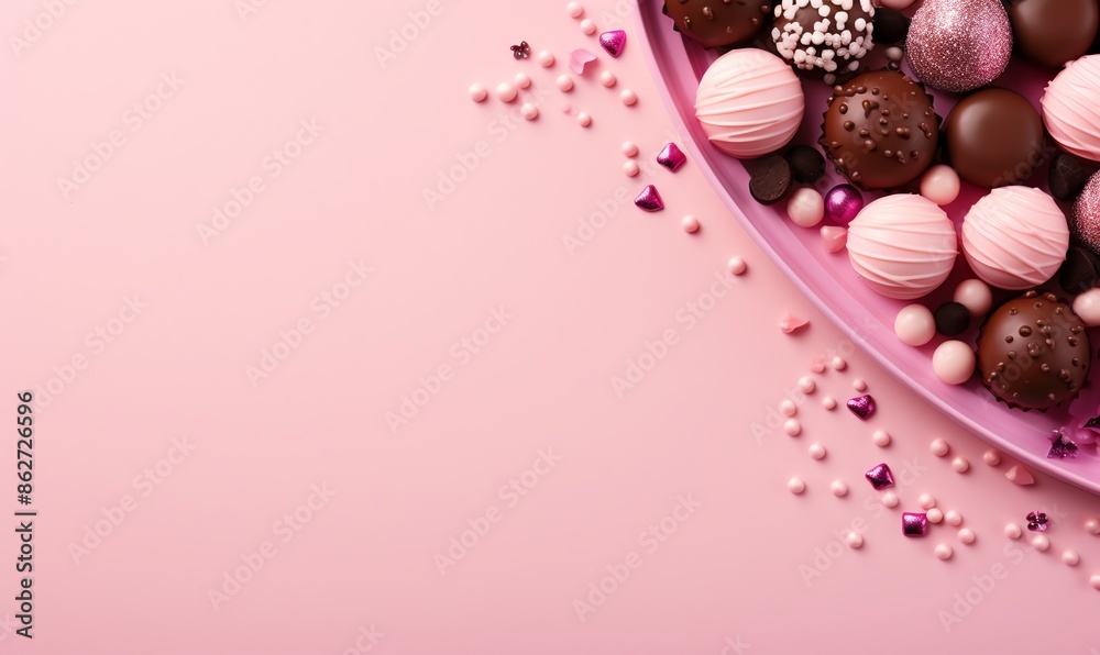 Pink and Brown Chocolates on Pink Background Pink and Brown Chocolates on Pink Background