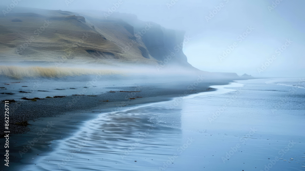 Obraz premium Black sand. Foggy beach landscape in iceland