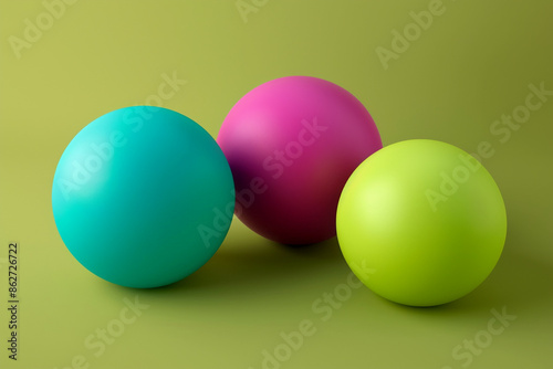 A radiant magenta ball, a vivid turquoise ball, and a bright lime green ball with matte surfaces on a solid, clean olive green background.