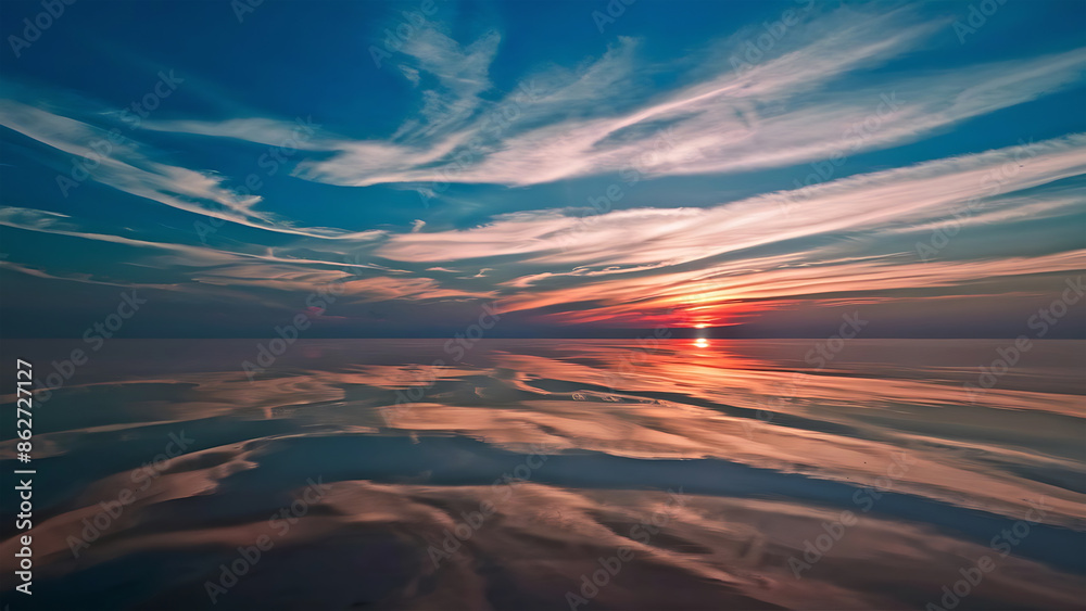 Fototapeta premium Blue and Orange Sky with Sun and Clouds. Generative Ai