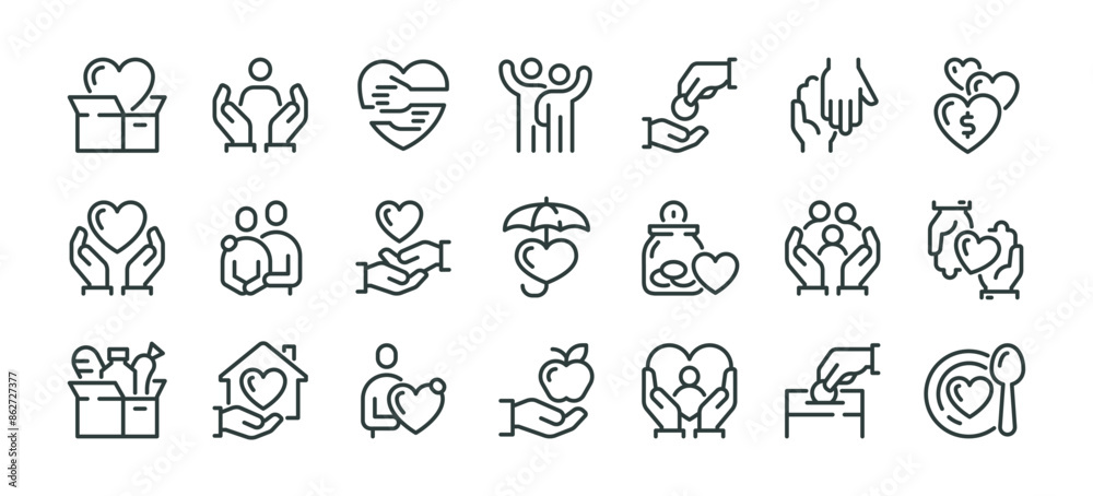 Fototapeta premium Premium Icons Pack on Charity and Donations. Such Line Signs as Volunteering and Compassion, Philanthropy Contribution and Sponsorship. Vector Icons Set for Web and App Outline Editable Stroke.
