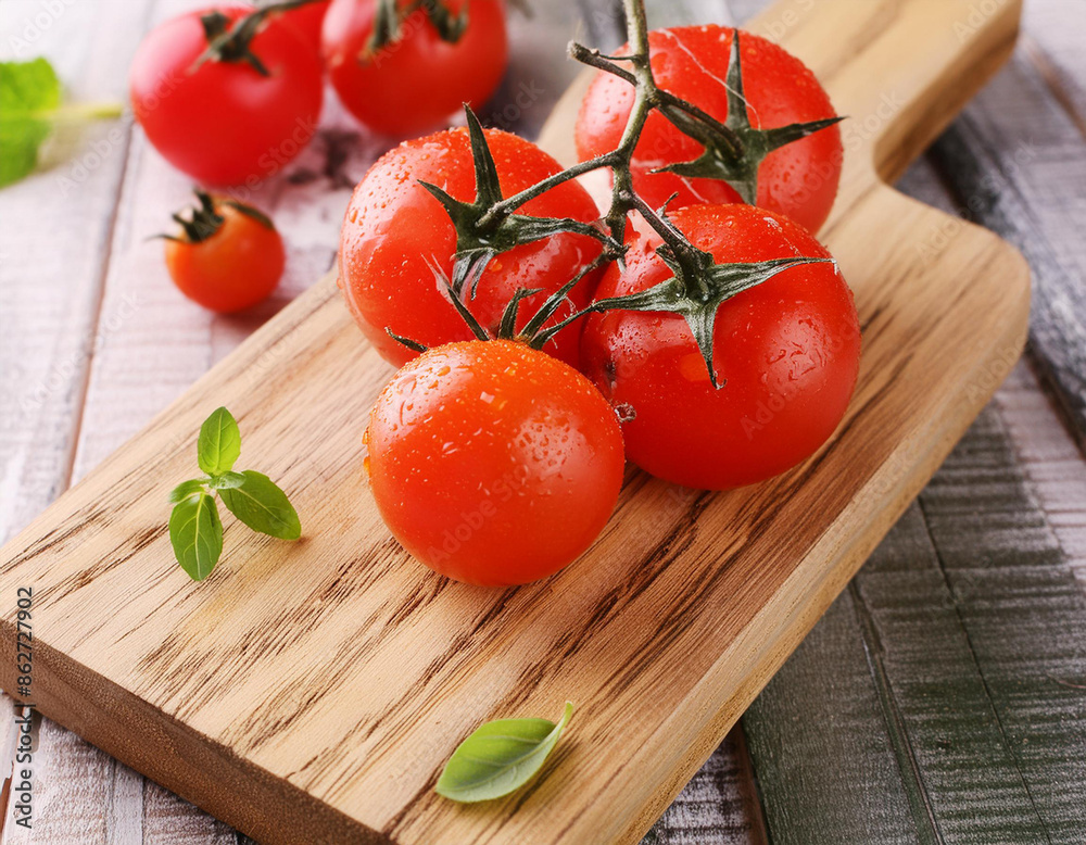 Red ripe tomatoes on the vine ona wooden cutting board on a table Red ripe tomatoes on the vine ona wooden cutting board on a table