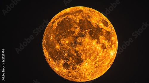 Bright orange yellow full moon at 100 illumination captured with telephoto lens against a black background Astronomy and astrology concept with room for text