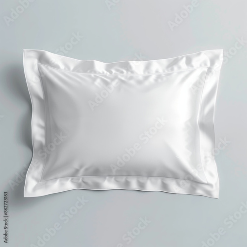 isolated photo of a rectangular pillow in a white pillowcase with bodrers on a light gray background. Сotton, lyocell, silk or polyester