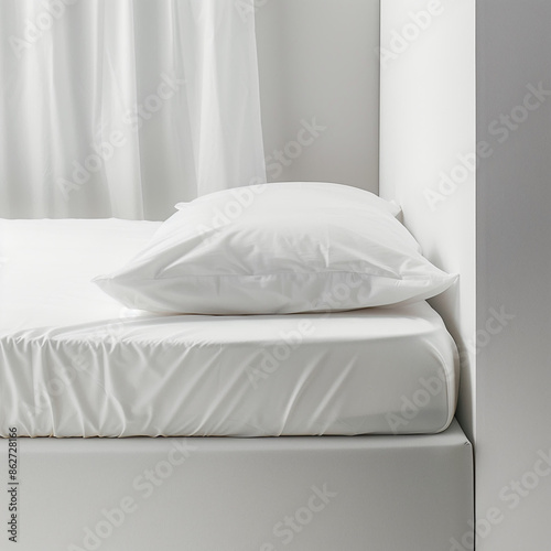 minimalistic bed on a white background. White fitted sheet, pillow in a pillowcase made of cotton, satin, lyocell or polyester