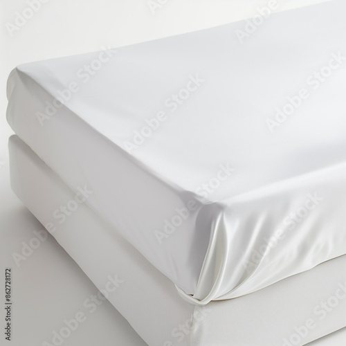 minimalistic bed on a white background. White fitted sheet, on the mattress made of cotton, satin, lyocell or polyester. Isolated. White background