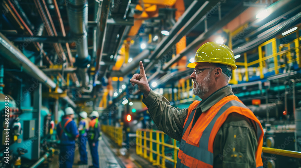 A senior engineer in safety gear points at equipment in an industrial facility, ensuring operational efficiency and safety compliance. A senior engineer in safety gear points at equipment in an industrial facility, ensuring operational efficiency and safety compliance.