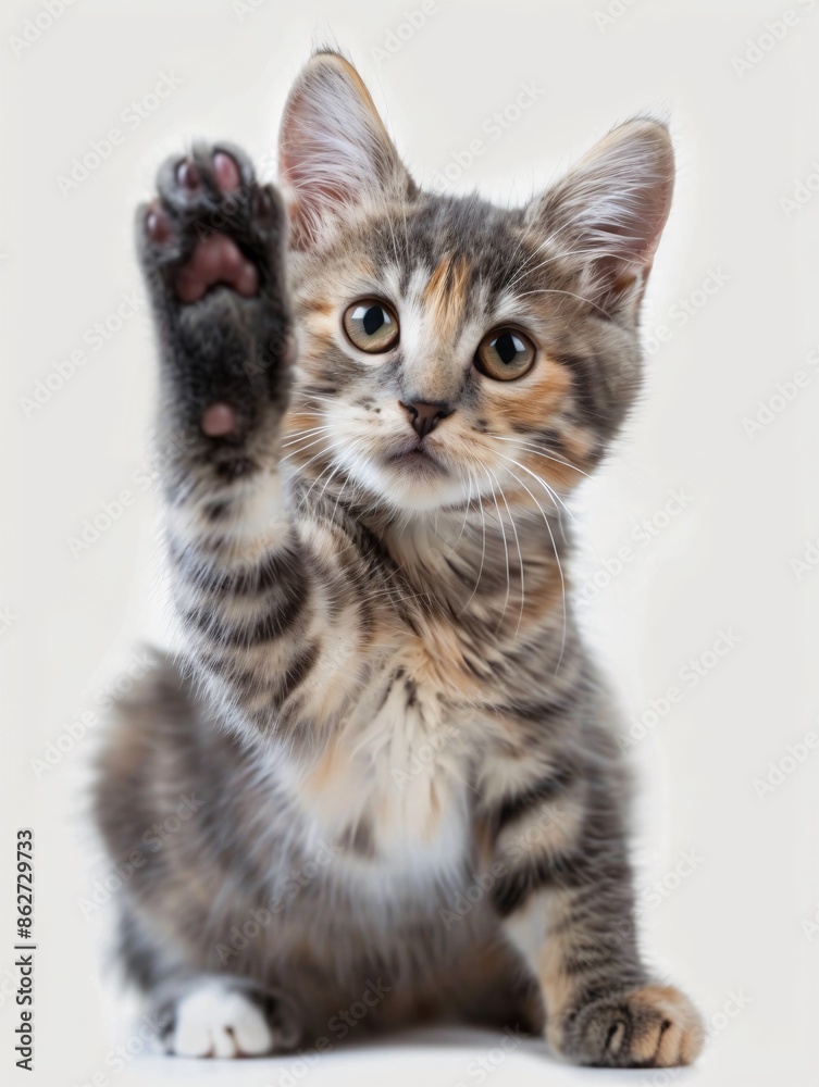 Fototapeta premium Tabby Kitten Reaching Up with Paw on White Background