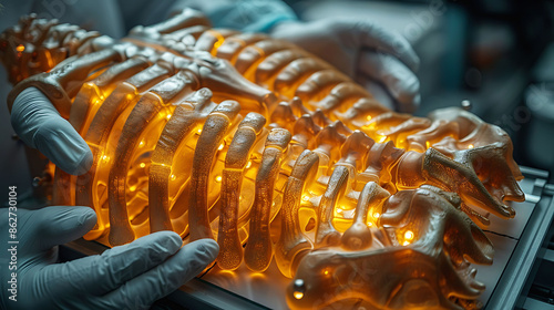 Closeup of arabic doctor hand in gloves holding a glowing wooden sternum model highlighting the attachment points for the ribs and clavicles