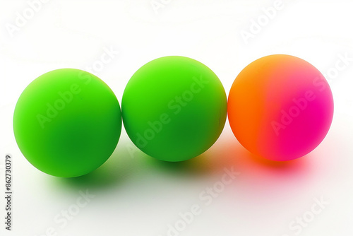 Three bright neon green, orange, and magenta balls with matte finishes, centered next to each other on a clean white backdrop.