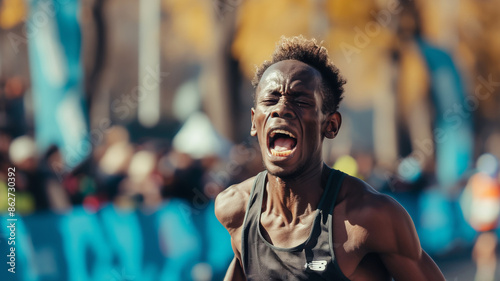 A runner shouts in intense effort nearing the finish line of a marathon event, trees in the background. © YURY YUTY