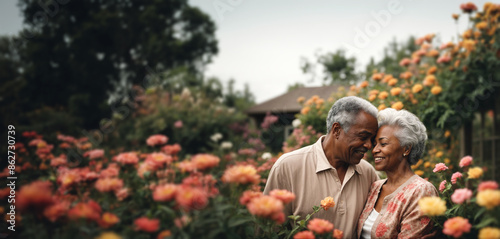 Romantic portrait of gorgeous elderly couple in a flower garden