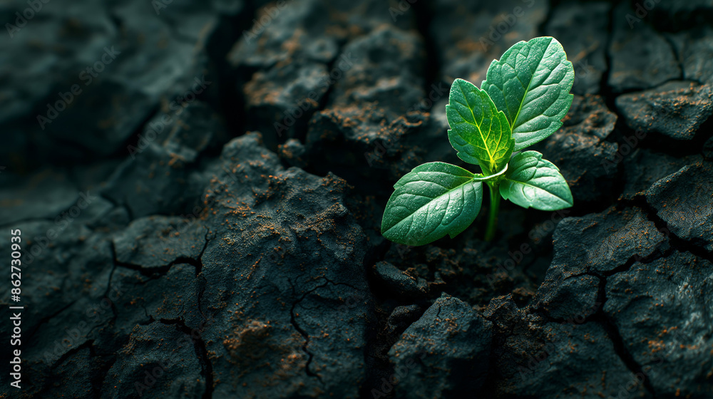 A green leaf grows through a crack in the black earth to the surface A green leaf grows through a crack in the black earth to the surface