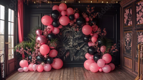 A room with a pink archway made of balloons and a black archway made of balloons photo