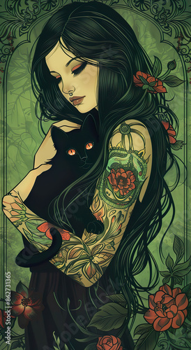 A beautiful black hair woman with Tattoos Holding a calm Black Cat, graphic illustration