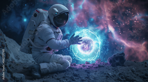 Space Explorer Activating Portal with Celestial Nebula Light on Lunar Landscape photo