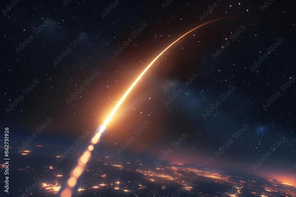 hyperrealistic rendering of a rockets fiery ascent leaving a spiraling trail of iridescent exhaust against a starfilled night sky distant city lights twinkling below hyperrealistic rendering of a rockets fiery ascent leaving a spiraling trail of iridescent exhaust against a starfilled night sky distant city lights twinkling below